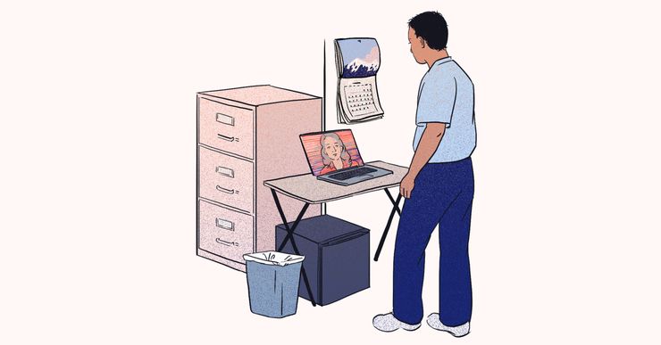 An illustration shows a man with medium skin tone and black hair wearing a blue prison uniform, standing in an office in front of a laptop, where a woman on a screen is speaking to him.