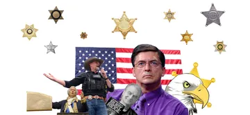 A collage made up of figures of, from left: Texas pastor Mark Collins dressed as George Washington; Pinal County, Arizona, Sheriff Mark Lamb; activist Randy Weaver; former Graham County, Arizona, Sheriff Richard Mack; and the Constitutional Sheriffs and Peace Officers Association logo, which is an eagle.  Sheriff's badges are scattered above the collage.  